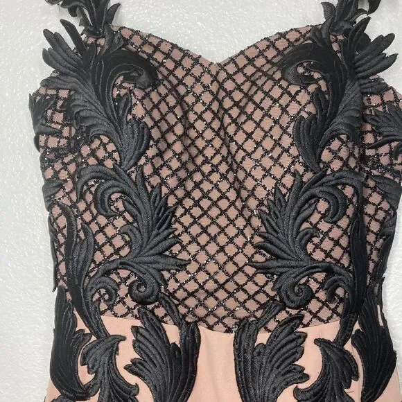 Portia & Scarlett Y2K Dress Small Nude Black Embroidered Fitted Gown Formal - Picture 4 of 13